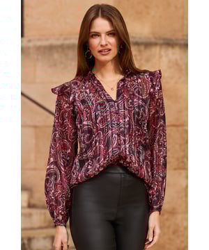 REASONS TO BUY:

Blouses don't get dreamier
Swirly print and ruffle shoulders for boho vibes
Soft, drapey and super comfy
On-trend blouson sleeves
Chic neck tie detail
Tuck it into denim or leather