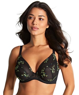 Step into your own personal meadow of beauty and grace with the Panache Meadow plunge bra. Made for the bold and confident woman, this is not your average plunge bra. It's a piece of art, crafted with intricate details and designed for the ultimate support and comfort. Its non-padded, 3-piece cups adorned with delicate floral embroidery offer a natural shape while providing exceptional comfort. The bra's underwire ensures ample support, making you feel secure throughout your day. A charming mini bow at the centre adds a playful touch, complementing the overall design. Adjustable straps and a secure hook and eye closure allow for a perfect fit, tailored to your body. Pair it with matching pieces from the collection to complete your exquisite lingerie look. Elevate your wardrobe with this enchanting set, embodying a blend of sophistication and whimsical charm.  Plunge bra, 3 piece cups, Non-padded, Underwired for support, Feminine floral embroidery on cups, Rigid embroidery cups offer projection, Flirty mini bow in the centre, Flattering shape, Adjustable straps, Hook and eye closure, Matching lingerie is also available, Country of origin: China, Composition: D-G: 72% Polyamide | 22% Polyester | 6% Elastane, Composition: GG-J: 68% Polyamide | 27% Polyester | 5% Elastane, Listed in UK sizes.   Plunge Bra