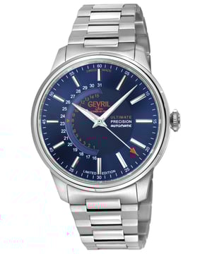 Reloj Automático Suizo Gevril 49201B para Hombre de la Colección Guggenheim

Reloj Automático Suizo para Hombre Gevril de la Colección Guggenheim
Caja de 40mm de Acero Inoxidable 316L y Pulido, Esfera Azul, Índices Plateados con Fecha
Fondo de caja con tornillo y exhibición con Cristal de Zafiro
Corona con rosca, manecillas y marcadores luminosos
Edición Limitada
Pulsera de Acero Inoxidable 316L Cepillado y Pulido con Cierre Desplegable
Cristal de Zafiro Antirreflejante
Resistente al Agua hasta 50 Metros/5ATM
Rueda de fecha personalizada Sellita SW220