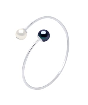 Bracelet PRESTIGE You & Me - Silver 925 - adorned with 2 Real Cultured Freshwater Pearls Round 9-10 mm - COLOR NATURAL WHITE + "BLACK TAHITIAN STYLE" - Size adjustable for Wrist from 14 to 20 cm of Girth- Delivered with Certificate of Authenticity and International Guarantee - MADE IN FRANCE