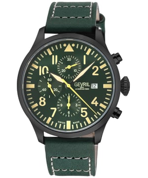 Reloj automático suizo cronógrafo Gevril para hombres de la colección Vaughn
Caja redonda de 44 mm de acero inoxidable/ipnegro, esfera verde, cronógrafo con 3 subesferas contador de 1/8 de segundo, contador de 30 minutos, contador de 12 horas
Fondo de caja con 4 tornillos, corona de pulsión, bisel pulido, caja satinada
Edición limitada 001/500
Correa genuina de cuero italiano verde con costuras blancas hecha a mano y hebilla de lengüeta
Cristal de zafiro antirreflectante
Resistente al agua hasta 50 metros / 5 ATM
Movimiento cronógrafo automático suizo ETA7750