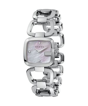 Gucci G-Gucci YA125502 is a beautiful and eye-catching Ladies watch. Case is made out of Stainless Steel and the Mother of pearl dial gives the watch that unique look. This watch is market as water resistant. It means it can withstand slight splashes and rain, but is NOT to be immersed in water. Petite 24mm case diameter