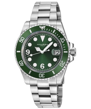 Haurex 4A512UVV Men's Barracuda Automatic WatchHaurex Men's Automatic Watch from the Barracuda Collection43mm Round 316L Stainless Steel Case, Green Ceramic BezelGreen Sunray Dial, Date at 5Push/Pull Crown, Exhibition Case back316L Stainless Steel Brushed Bracelet With Deployment BuckleAnti-reflective Sapphire CrystalWater Resistant to 50 Meters/5ATMAutomatic Miyota Ultra thin 9015