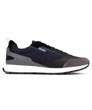 Zapatillas de deporte con cordones Hugo Icelin en color azul marino para hombre con parte superior de cuero y nailon, paneles laterales en negro y gris y lengüeta con la marca en el talón. Estas zapatillas deportivas de alto rendimiento tienen un cuello acolchado, suela texturizada y suela de goma gruesa con la marca para mayor comodidad y durabilidad.