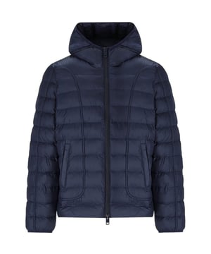 Dieselblauwe jas, centrale ritssluiting, zakken aan de voorkant, effen blauwe jas, materiaal: 100% polyester, jas met capuchon, blauwe jas