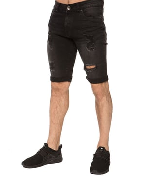 Enzo / Kruze Mens Skinny stretch denim shorts In Black, 99% Cotton, 1% Elastane, Super stretch skinny fit, 5 bolsillos con 1 bolsillo para monedas, botones y remaches de marca, cierre Zip Fly, lavable a máquina, ideal para ocasiones casuales.