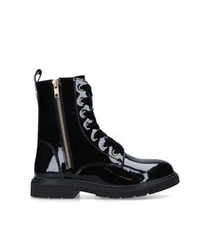 Make light work of autumnal dressing with Carvela's new Strategy boot. This combat inspired ankle boot is crafted in black patent for enduring style and is accompanied by a cleated outsole, heavy duty gold tone zip fastening, and secure lacing system.  The wide, velvet touch laces add feminine appeal to the edgy combat styling.