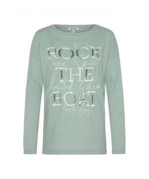 Dit shirt met lange mouwen en boothals voor dames kan op verschillende manieren worden gecombineerd en is een must-have basic voor de garderobe. Het heeft een licht getailleerd model. Het shirt heeft afhangende schouders en smalle mouwen. Het zachte materiaal garandeert een hoog draagcomfort. De grote print op de voorkant is geaccentueerd met pailletten en geeft het shirt een geweldige visuele highlight. Een kleine labelprint onder de halslijn achter maakt het ontwerp af.