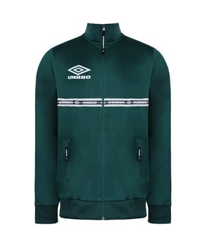 This track jacket is perfect for those seeking a fashionable and functional option for various activities.

With its long sleeves and zip-up front closure, this jacket provides extra coverage and allows for easy on and off. The green color adds a vibrant and energetic touch, while the Umbro logo on the chest showcases the brand's commitment to quality and authenticity.

Crafted from high-quality materials, this track jacket offers a comfortable and cozy feel. The fabric provides warmth and breathability, making it suitable for a range of weather conditions. It is designed to keep you comfortable during workouts, outdoor activities, or casual outings.

The standout feature of this track jacket is the taped detailing along the sleeves. The tape accents add a stylish touch and create visual interest, elevating the overall design. They also give a nod to the sporty heritage of Umbro.

The track jacket is designed with a ribbed collar, cuffs, and hem, ensuring a secure and comfortable fit. The ribbed details also contribute to the sporty aesthetic of the jacket, adding a touch of athleticism to your look.

Whether you're heading to the gym, meeting friends, or running errands, the Umbro Long Sleeve Zip Up Green Men's Logo Taped Track Jacket is a versatile and stylish choice. Its combination of comfort, style, and functionality allows you to stay on-trend while keeping warm and comfortable.