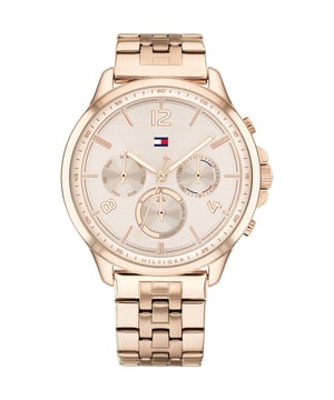 This Tommy Hilfiger Harper Multi Dial Watch for Women is the perfect timepiece to wear or to gift. It's Rose gold 38 mm Round case combined with the comfortable Rose Gold Stainless steel watch band will ensure you enjoy this stunning timepiece without any compromise. Operated by a high quality Quartz movement and water resistant to 3 bars, your watch will keep ticking. This Elegant and practical watch is perfect for all occasions.  It’s a great gift for your relatives and friends - The watch has a Calendar function: Day-Date, Luminous Hands, 24-hour Display High quality 19 cm length and 17 mm width Rose Gold Stainless steel strap with a Fold over with push button clasp Case diameter: 38 mm,case thickness: 8 mm, case colour: Rose Gold and dial colour: Rose gold