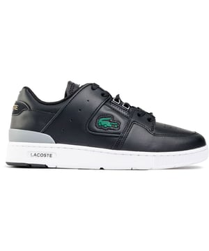Mens black Lacoste court cage trainers, manufactured with leather and a rubber sole. Featuring: textile lining, ortholite insole, iconic croc branding and cup sole construction.