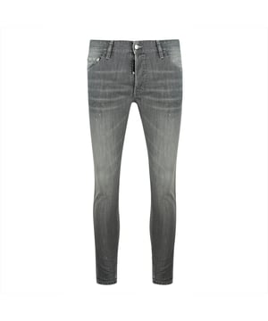 Dsquared2 Skinny Dan Faded Grey Paint Splatter Effect Jeans. Dsquared2 S74LB0581 S30260 852 Skinny Dan Jean. Stretch Denim 98% Cotton 2% Elastane. Button Fly. Slim Fit With A Tapered Leg. Signature Branded Logo on Fly