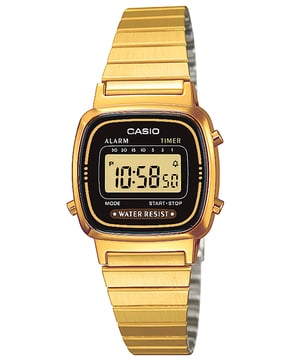 This Casio Casio Collection Digital Watch for Women is the perfect timepiece to wear or to gift. It's Gold  Square case combined with the comfortable Gold Stainless steel watch band will ensure you enjoy this stunning timepiece without any compromise. Operated by a high quality Quartz movement and water resistant to 3 bars, your watch will keep ticking. This casual watch is a great gift for every occasion! -The watch has a calendar function: Day-Date, Stopwatch, Alarm, Timer, High quality 20 cm length and 11 mm width Gold Stainless steel with a Fold over clasp Case measurement: 24x24 mm,Case thickness: 8 mm, Case colour: Gold and Dial colour: Black