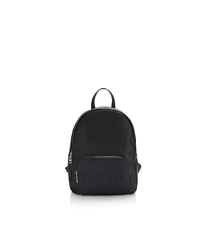 This Carvela Frame Backpack features a textured black exterior. There is a front zipped pocket with embossed branding. Dimensions: 36cm (H), 28cm (L), 12cm (D). Strap length: 102cm.