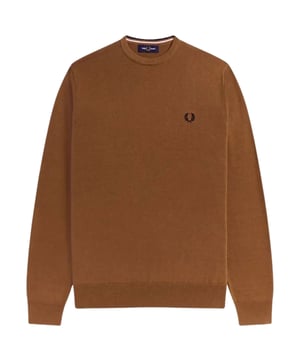 Braunes Sweatshirt von Fred Perry, 52 % Wolle, 48 % Baumwolle, Rundhalsausschnitt, Logo auf der Brust. Elastische Ärmel und Saum, klassischer Pullover mit Rundhalsausschnitt, braunes Sweatshirt