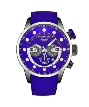 Men's Chronograph Royal Blue Silicone Rubber Strap Watch, Black PVD Case on Royal Blue Silicone Strap with Gray Contrast Stitching, Blue Chronograph Dial with Silver, Gray, and White Luminous Accents