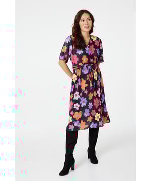 No dress collection is complete without a bold floral printed wrap dress. With a v-neck, long sleeves, a self-tie belt and plated skirt sitting below the knee. Pair with knee high boots and a teddy coat for a versatile daytime look.