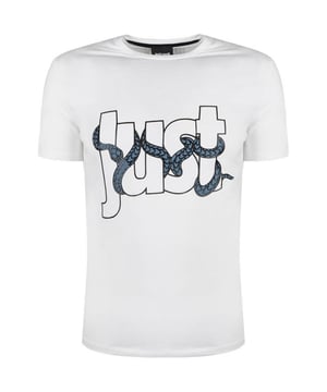 Just Cavalli wit T-shirt met omwikkeld logo met slangenprint. Just Cavalli wit T-shirt met slangenomwikkeld logo. Stretchpasvorm, 92% katoen, 8% elastaan. Normale pasvorm, valt normaal qua maat. Ronde hals. Stijl: S01GC0283 100