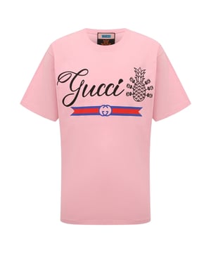 Gucci Pink Tee, 100% Cotton, Made In Italy, Pineapple Design On Front, This tee is Oversized in length, your regular fit should be perfect for this tee but be aware the length is longer than a typical tee. 