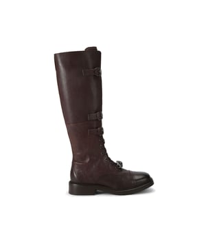 This Kurt Geiger Monument Strap Boot is crafted from a brown leather. There are three buckled straps across the front of the boot and a lace up detail at the bottom. There is a statement antiqued silver oval trim with eagle head at the centre with all over crystal detail attached to the laces.
