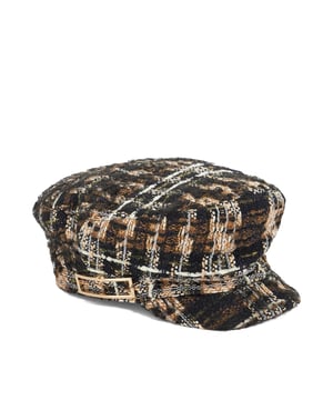 Refresh your cold-weather collection with Fabby, a textured hat that's bound to get you noticed. This hat is part of a curated collection using our chocolate boucle, complete with elegant gold thread accents Dune London metal branding, it adds a luxurious edge to your winter outfits.