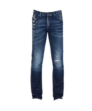 Diesel donkerblauwe spijkerbroek, knoopgulp, gemaakt in Italie, 79% katoen, 20% echte hennep, 1% elastaan-spandex, blauw denim, rechte pijpen, merkbadge van Diesel