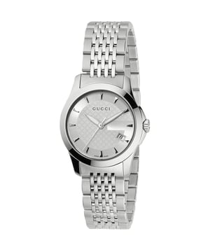 MODEL: G-TimelessMODEL NUMBER: YA126501GENDER: LadiesCASE WIDTH: 27mmCASE THICKNESS: 7mmCASE MATERIAL: Stainless SteelSTRAP MATERIAL: Stainless SteelMOVEMENT: Swiss QuartzGLASS TYPE: Sapphire CrystalFUNCTIONS: Time & DateWATER RESISTANCE: 50M / 5ATMBARCODE: 0731903240315