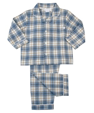 Boys blue check cotton pyjamas blending comfort and style seamlessly. These cosy pyjamas, made from soft, breathable cotton, are prefect for a restful night's sleep or casual lounging. The timeless faded denim blue with caramel and ivory check adds a touch of charm and sophistication to betimes making it a delightful experience for your young lad. Step into a world of comfort and fashion with these classic pyjamas, designed for your boy's relaxation and peaceful nights sleep!