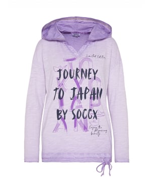 Reis naar Japan! Deze hoodie voor dames van het merk SOCCX is perfect voor op reis. De kleurstelling en het vlammengaren geven het shirt een casual used look. Glittereffecten benadrukken dit. Het shirt heeft een glitterband in de capuchon en glittereffecten in de tekstopdruk. Wat valt op? De zoom met trekkoord heeft een fake layering-dessin.