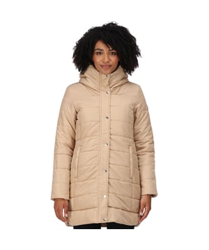 100% polyester water repellent high shine fabric. Synthetic Warmloft down-touch insulation. Polyester taffeta lined. Padded collar with zip-out hood. 2 way centre front zip. 2 lower welt pockets. 2 side vents.