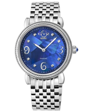 GV2 12613B Damen Ravenna Schweizer Quarz-Diamant-Uhr GV2 Damen Schweizer Diamant-Uhr aus der Ravenna Collection 37mm rund 316L Edelstahl Diamantschliff Lünette Gehäuse Blau MOP Mosaik Zifferblatt, 8 Diamanten auf dem Zifferblatt Push / Pull Krone, arabische Ziffern und Markierungen 316L Edelstahlarmband mit Faltschließe Anti-reflektierende Saphirglas Wasserdicht bis 50 Meter / 5ATM Schweizer Quarzwerk, Ronda 762