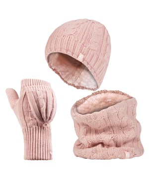 This ladies chunky cable set is knitted in an attractive, soft marl two-coloured twist yarn with a ribbed hem and incorporates the latest Heatweaver thermal lining, a luxurious, plush fur-like insulating fabric, that maximises the amount of warm air held close to the skin. It also feels so soft and silky, They are bliss to pull on when the weather turns colder! Protective Cuff - Improves fit and provides a protective sleeve that hugs the wrist for extra warmth and comfort. Heat Holders Converter Mitt - 2.3 tog Heat Holders' versatile converter mitt can simply fold over the fingers to create a warm and cosy mitten. Heat Holders Hat - 3.4 Tog rating - the tog rating is a measurement for the thermal ability of a garment Neck Warmer - Simply slip over the head with Heatweaver thermal lining, 3.5 tog