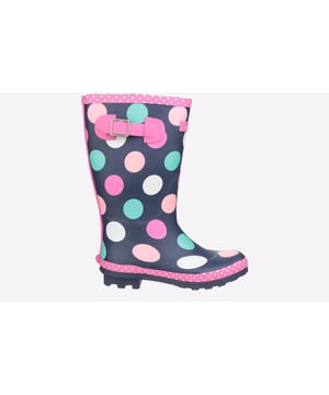 Perfect for the upcoming months, these Cotswold Dotty wellingtons are perfect for taking the rainy weather in stride and making a splash. The waterproof rubber upper is constructed in a classic wellington silhouette, with a deep navy colourway adorned with fun multi-coloured dots and a chic pink trim sure to brighten up your little ones day no matter what the weather. The slip-on design ensures easy on / off wear, with an adjustable buckle feature to the side for the perfect fit and feel. A soft textile lining and padded footbed provide comfort, with a durable rubber outsole and cleated heel for enhanced traction, making them a wardrobe essential for the upcoming months. 
 - Waterproof rubber outsole
 - Adjustable buckle feature
 - Textile lined with removable insole
 - Cushioned footbed
 - Slip on design
 - Rubber traction sole unit with chunky cleated heel
 - Cotswold branding
 *Do your bit for the environment as every pair of these Cotswold Shoes sold supports National Forest tree planting.*
 Please note: These boots come in a branded Cotswold bag and are not boxed.