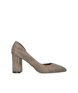 The Kurt Geiger London Burlington Court is crafted from a beige houndstooth fabric embellished with gold crystals. There is a flattering cut out at the inner side of he shoe. Heel height: 10cm.