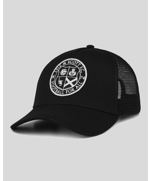 Inspired by early ‘00s trucker styles and featuring the Lyle &amp; Scott football for all logo, this hat is perfect for wearing after a training session. It’s constructed from mesh and cotton panels and has a snap-back strap at the back for adjustable sizing. - Mesh panels\n- Covered rivets\n- Snap back strap\n- Curved peak\n- Lyle &amp; Scott football for all embroidered logo \n- Composition: 50% cotton, 50% polyester
