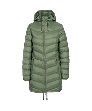 Ultraleichte Jacke. Angewachsene Kapuze. 2 Reißverschlusstaschen. Downtouch-Wattierung. Elastische Manschetten. Innere Sturmklappe. Außenmaterial: 100% Polyamid, Futter: 100% Polyamid, Füllung: 100% Polyester. Trespass Womens Chest Sizing (ca.): XS/8 - 32in/81cm, S/10 - 34in/86cm, M/12 - 36in/91.4cm, L/14 - 38in/96.5cm, XL/16 - 40in/101.5cm, XXL/18 - 42in/106.5cm.