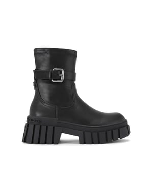 This KG Kurt Geiger Tegan Sock Buckle boot arrives in black with a soft ankle that is accented with an antiqued silver buckled strap.  The sole is pumped up with exaggerated tread.