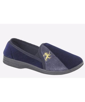 These Zedzzz men's slippers deliver comfort and style, with a sophisticated navy upper and gold detailing to the toe, complete with a relaxed slip on silhouette.- Velour upper
- Elasticated twin gussets
- Slip on silhouette
- Textile Covered Injected Sole