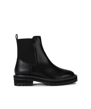 The Kurt Geiger Stitch Chelsea is a black leather boot with elasticated ankle. There is white stitching surrounding the sole and a silver KGL stud at the back of the ankle.