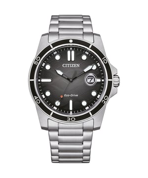 This Citizen Sporty Marine Analogue Watch for Men is the perfect timepiece to wear or to gift. It's Silver 41 mm Round case combined with the comfortable Silver Stainless steel watch band will ensure you enjoy this stunning timepiece without any compromise. Operated by a high quality Eco-Drive movement and water resistant to 10 bars, your watch will keep ticking. ECO-DRIVE - Eco-Drive is a 40-year-old core technology from CITIZEN that generates power even in dim light, allowing watches to run for over six months even in the dark. This Analogue watch has a calendar function: Date , Solar Powered , Luminous Hands and Luminous Numbers High quality 21 cm length and 21 mm width Silver Stainless steel strap with a Fold over with push button clasp Case diameter: 41 mm,case thickness: 11 mm, case colour: Silver and dial colour: Grey