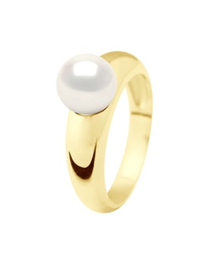 Ring - Yellow Gold - Real Cultured Freshwater Pearl Round 8-9 mm - COLOR NATURAL WHITE - available Size even numbers from 48 to 62 - Delivered with Certificate of Authenticity and International Guarantee - MADE IN FRANCE