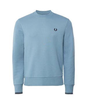 Sudadera Fred Perry Azul, 79% Algodón, 21% Poliéster, Terminaciones en cintura y mangas, Cuello redondo redondo, Logo en el pecho. Mangas ribeteadas, sudadera azul ceniza