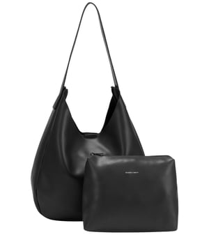 This versatile black tote bag is the perfect blend of style and functionality. Its soft and flexible design, combined with multiple carrying options, makes it ideal for everyday use. The sleek silhouette is accentuated by the Claudia Canova debossed logo, adding a touch of sophistication to your outfit. 

Features:  
Unlined PU fabric.
Claudia Canova debossed logo.
Mag-dot clasp fastening.
Shoulder strap and detachable adjustable crossbody strap.
Internal pocket.
Soft and flexible shape.
Removable pouch with zip fastening.
