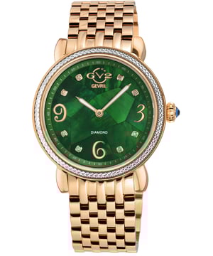 GV2 12616B Damen Ravenna Schweizer Quarz Diamond Watch GV2 Damen Schweizer Diamond Watch aus der Ravenna Collection 37mm rund 316L Edelstahl IPRG Diamond Cut Lünette Gehäuse Grün MOP Mosaik Zifferblatt, 8 Diamanten auf der Lünette Push / Pull Krone, arabische Ziffern und Markierungen IP Rose Gold Armband mit Faltschließe Anti-reflektierende Saphirglas Wasserdicht bis 50 Meter / 5ATM Schweizer Quarzwerk, Ronda 762
