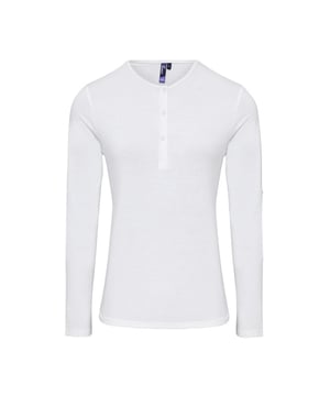 Tee met lange mouwen. Voorzien van rolmogelijkheden met knoopsluiting aan de binnenzijde van de mouw om deze vast te zetten. Ronde hals stijl met een drie knoopsluiting. Tweelingnaaldstiksel aan de zoom en de manchet. Wasvoorschriften: machinewasbaar op 40 graden.