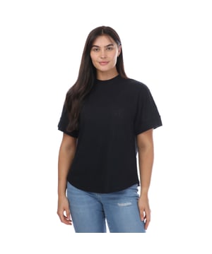Womens Ted Baker Kcarina Jersey T-Shirt in black.Relaxed comfort isn’t for indoors only. KCARINA is here to ensure it can be experienced wherever you are. Sporting a loose fit with mid-length sleeves and a lower back  having one of these to hand ensures you always have something to throw on for ease  while still looking stylish. Pair with everything from jeans to joggers for a casual look for all occasions.- Round neck.- Mid-length sleeves.- Low back.- Loose fit.- 53% Linen 47% Cotton.  Machine washable.- Ref: 256784BLACK