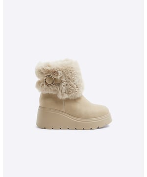 Faux fur fabric, Wedge sole, Side zip fastening