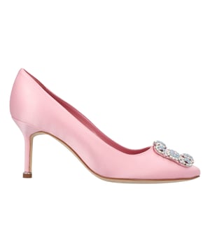Satin almond toe pumps featuring a square crystal buckle encased in a gunmetal frame. Finished with a stiletto mid heel.

 Upper: 68% viscose, 32% silk.
Sole: 100% cow leather.
Lining: 100% kid leather.
Heel measures 70 mm.
Made in Italy.Measurments:
