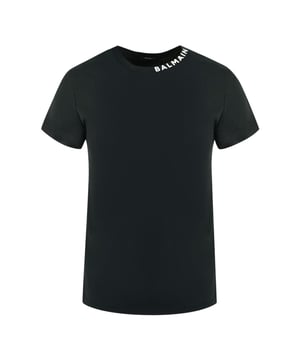Balmain vetgedrukt logo op kraag zwart T-shirt. Balmain zwart T-shirt. 100% katoen. Balmain-logo op kraag, slanke pasvorm. Ronde hals, korte mouw. Stijl: WH1EF006 B129 EAB