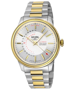 Reloj Automático Suizo para Hombre Gevril 49207B de la Colección Guggenheim

Reloj Automático Suizo para Hombre Gevril de la Colección Guggenheim
Caja de 40 mm de acero inoxidable 316L y pulido, esfera plateada, índice dorado con fecha
Fondo de caja con tornillo de exhibición y cristal de zafiro
Corona atornillada, agujas y marcadores luminosos
Edición Limitada
Pulsera bicolor de acero inoxidable 316L cepillado y pulido con cierre de despliegue
Cristal de zafiro anti-reflectante
Resistente al agua hasta 50 metros/5ATM
Rueda de fecha personalizada Sellita SW220